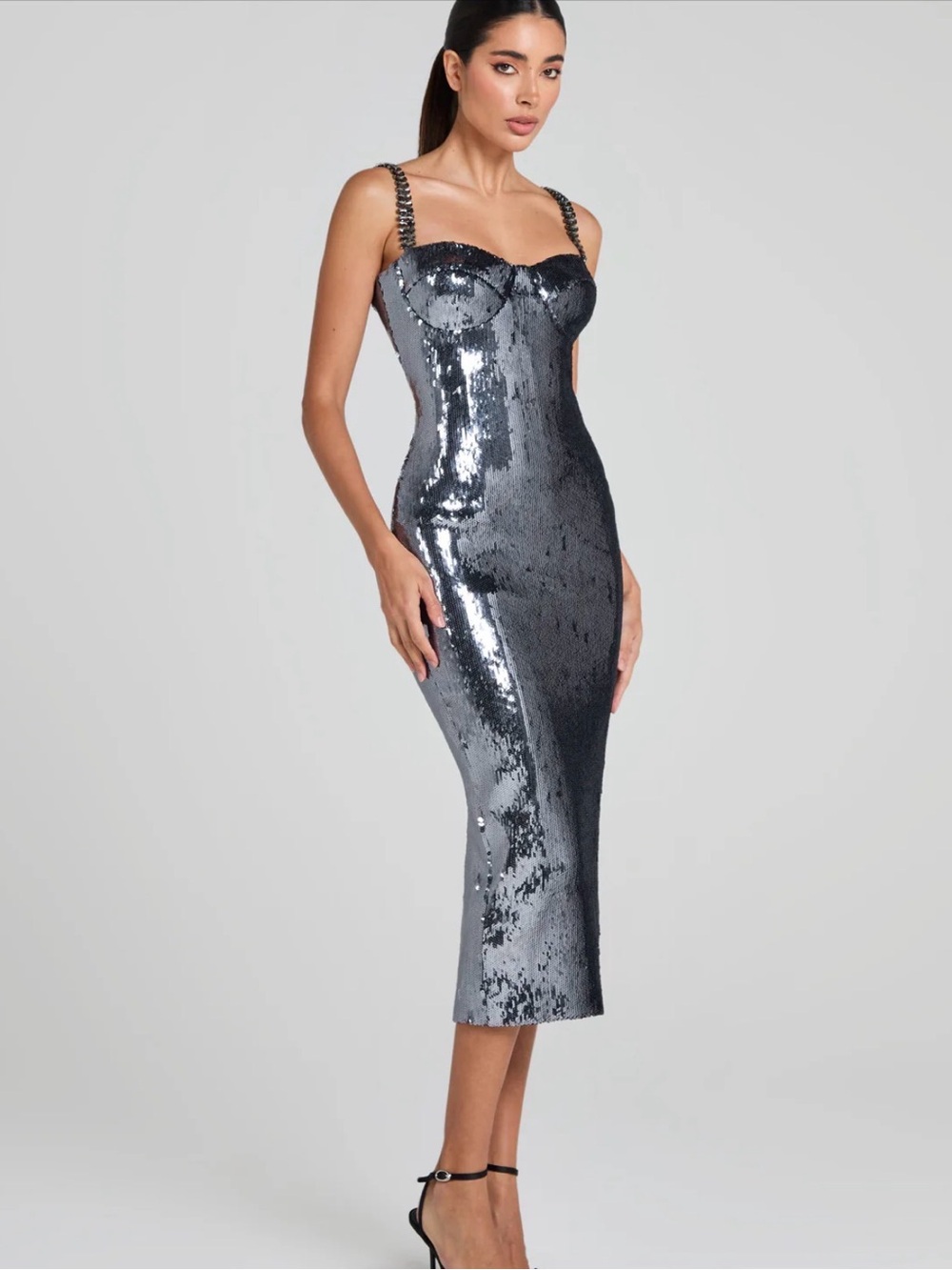 NADINE MERABI Brooke gunmetal embellished sequin bodycon corset midi dress - Picture 4 of 9